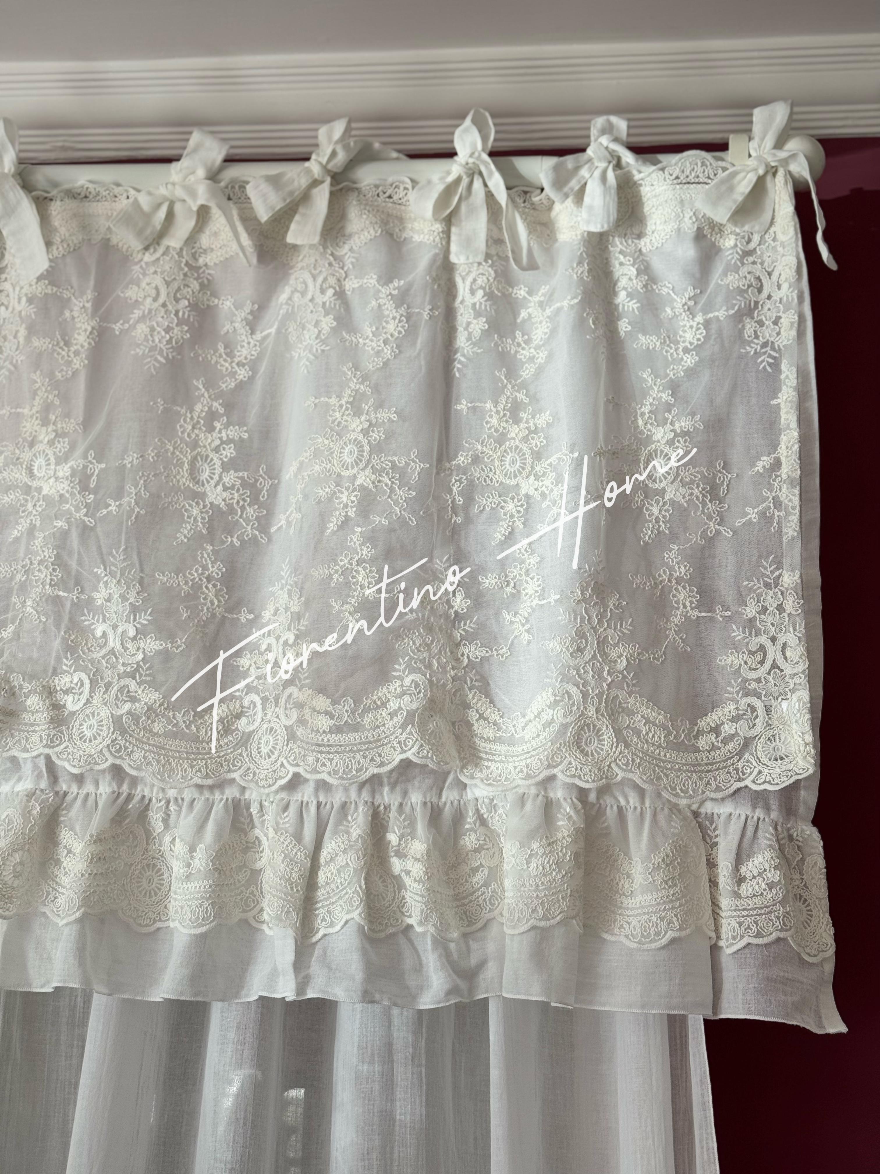 Mantovana sartoriale pizzo Rococo e balza in garza di cotone bianco naturale c/coulisse - 150x80 cm - Charme Home Textile